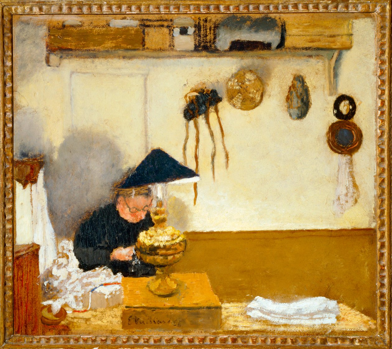 Madame Vuillard naait ... (olieverf op doek) door Edouard Vuillard