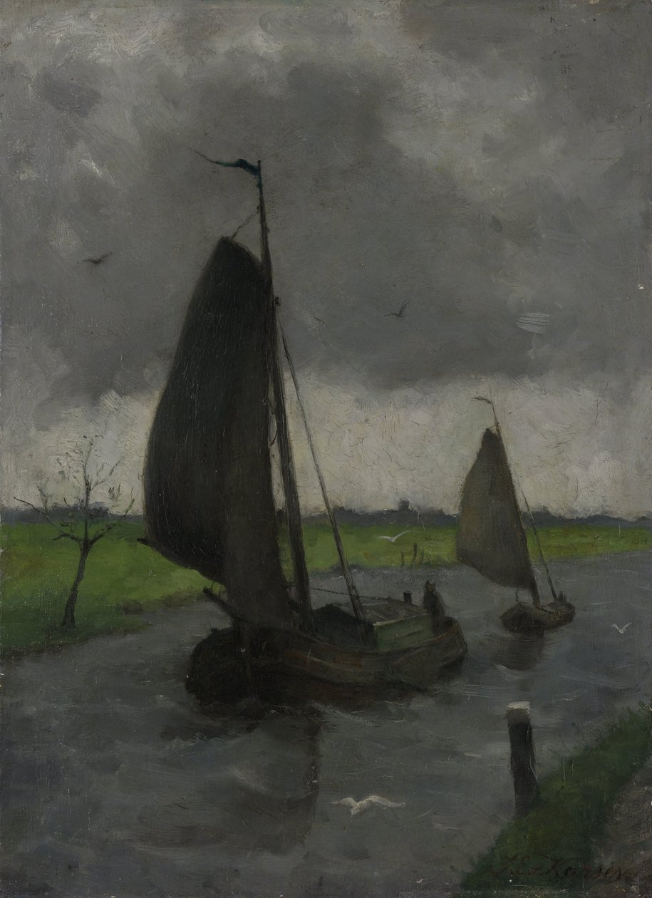 Waterweg met zeilschepen door Eduard Karsen