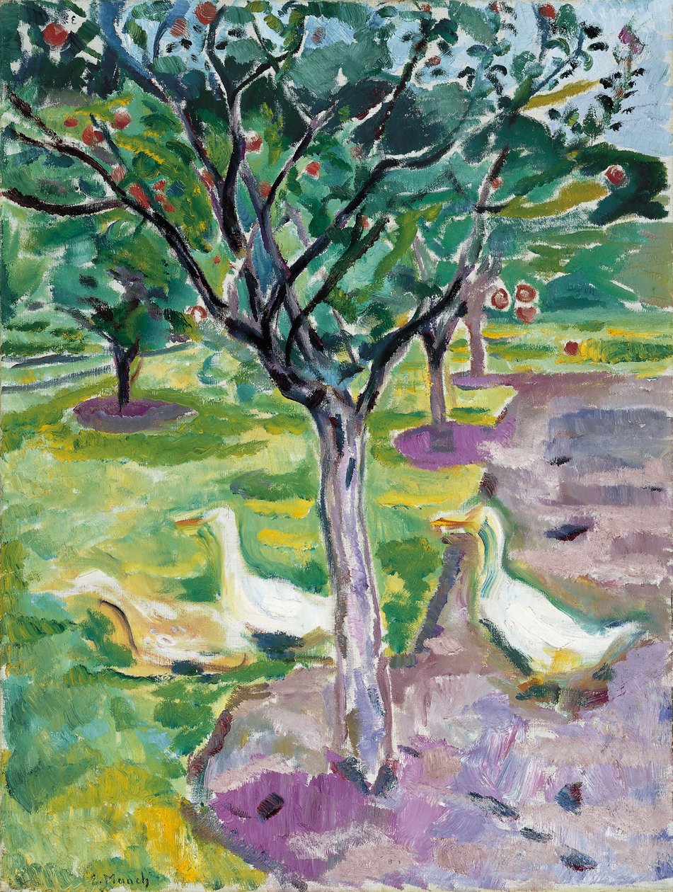 Ganzen in een boomgaard door Edvard Munch