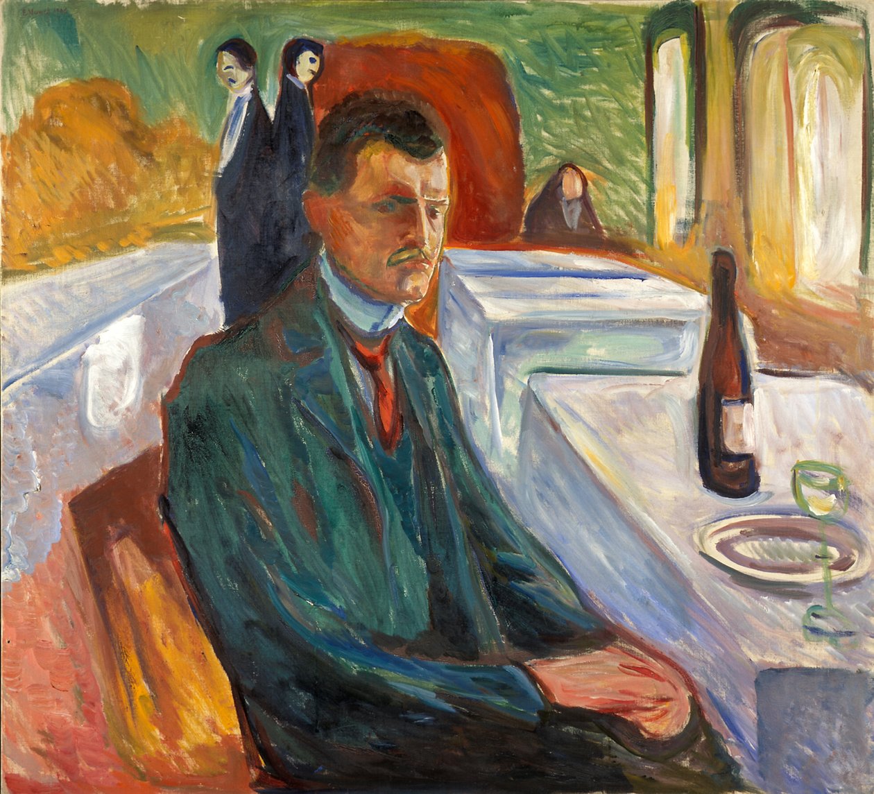 Zelfportret met een fles wijn door Edvard Munch