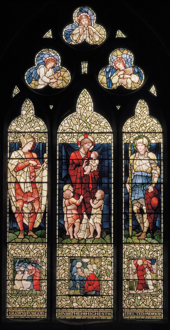 Wilden, All Saints, Oostraam, Morris & Co., Edward Burne-Jones, John Henry Dearle, Sint Martinus, Christus Zegent de Kinderen, Sint Joris, 1902-1914, Louisa, Alfred, De Baldwins, Premier door Edward Coley and Dearle Burne Jones