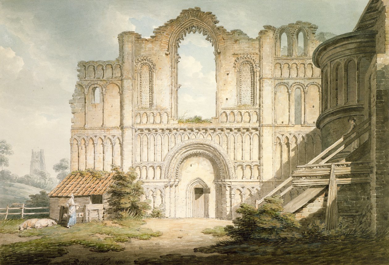 Westelijke voorzijde van Castle Acre Priory Church, nabij Downham, Norfolk, 1796 door Edward Dayes