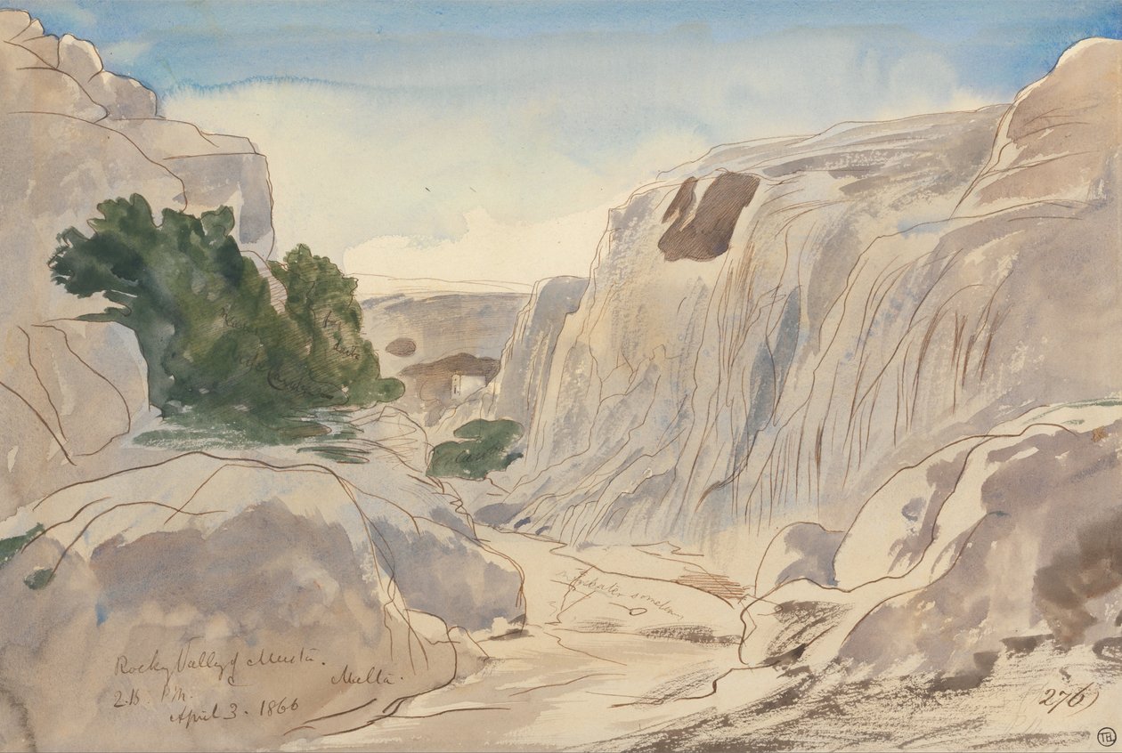 Rotsachtige vallei van Mosta, Malta, 2-15 p.m. (3 april 1866) door Edward Lear