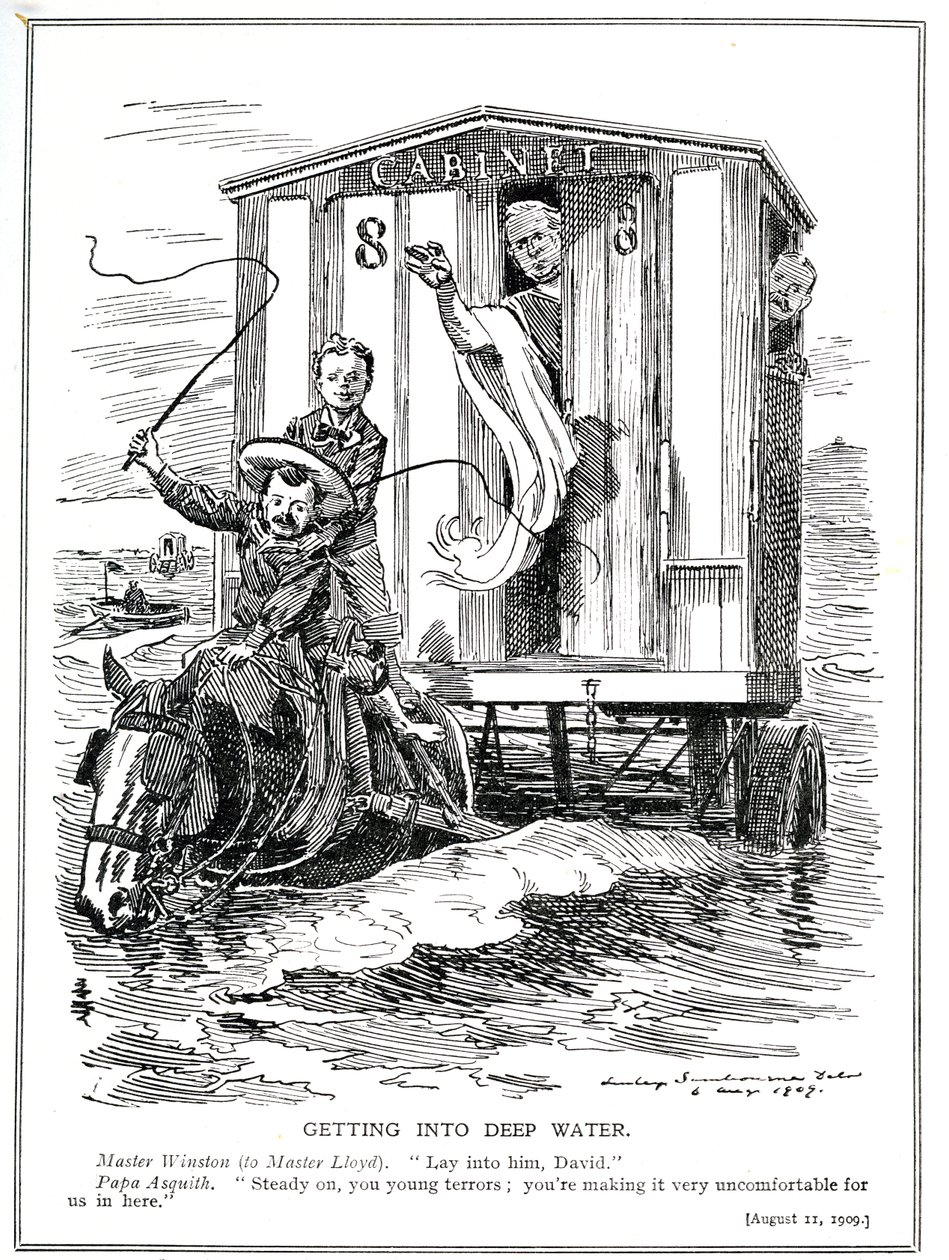 Premier Asquith houdt Lloyd George en Winston Churchill tegen om onrust te veroorzaken met hun vurige toespraken ter ondersteuning van hulp aan de werklozen en de invoering van een minimumloon, 1909 door Edward Linley Sambourne