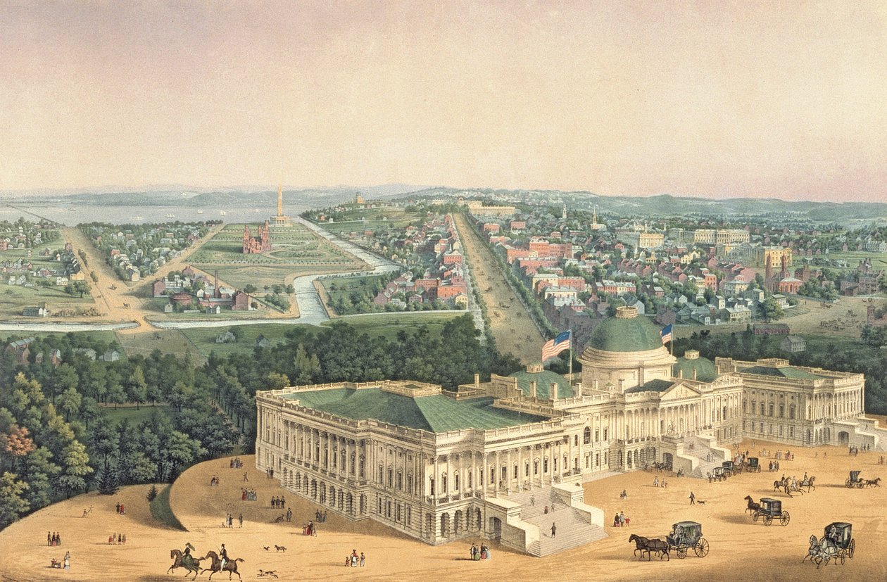 Uitzicht op Washington, uitgegeven door E. Sachse und Co., 1852 (kleur litho) door Edward Sachse