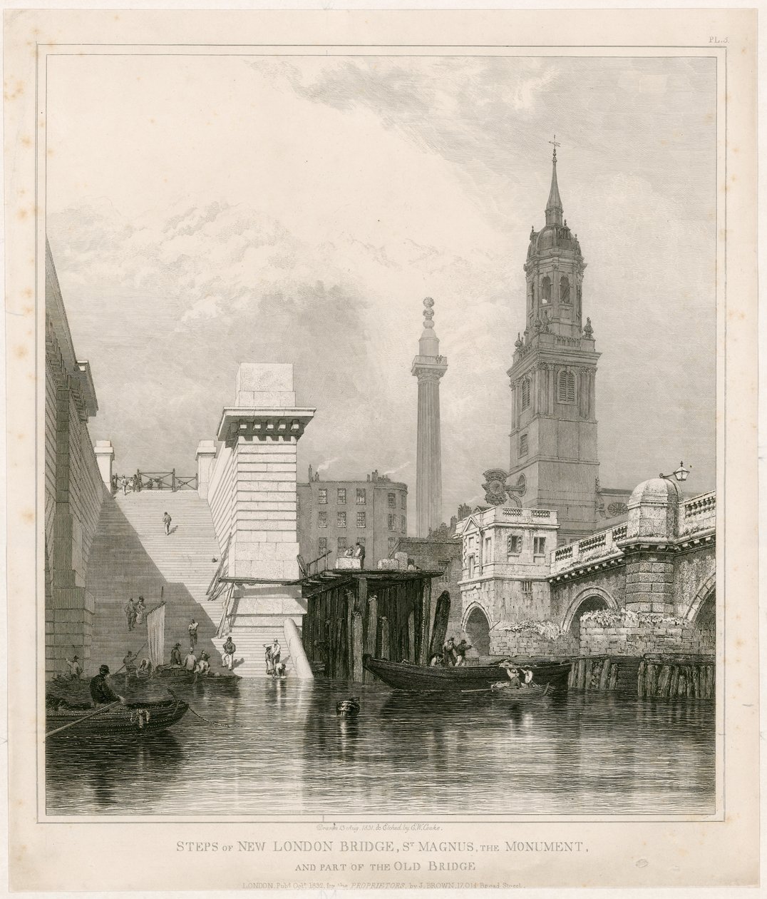 Trappen van de nieuwe London Bridge, St Magnus, het Monument en een deel van de oude brug door Edward William Cooke