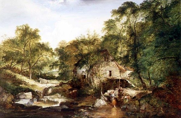 Een bebost rivierlandschap door Edward Charles Williams