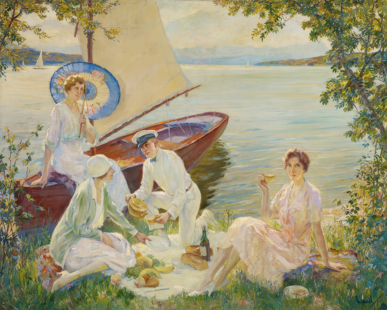 Picknick bij het Starnbergmeer door Edward Cucuel