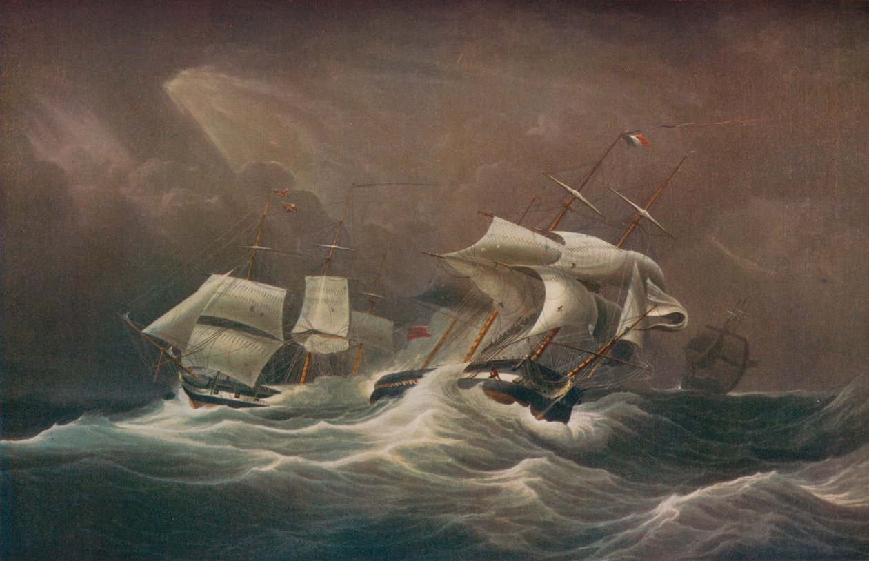 H.M.S. Indefatigable in gevecht met de Franse Droits-De-LHomme, 1797, 1829 door Edward Duncan