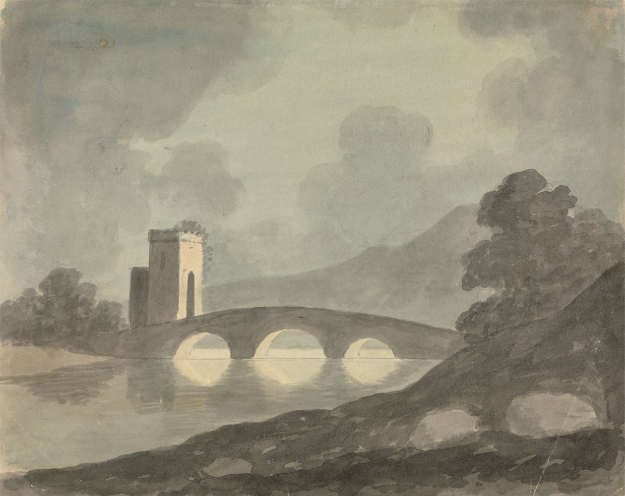 Brug en toren door Edward Francis Burney