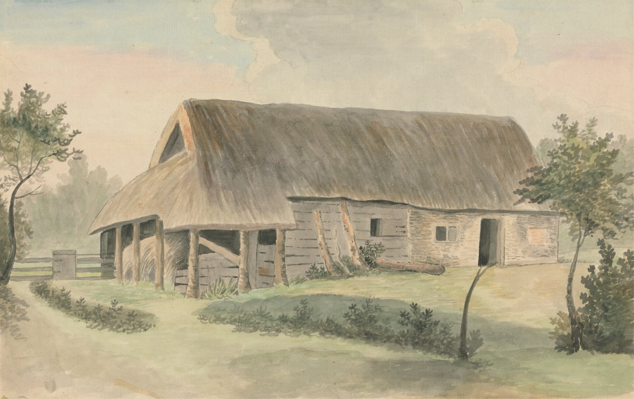 Stal met rieten dak door Edward Francis Burney