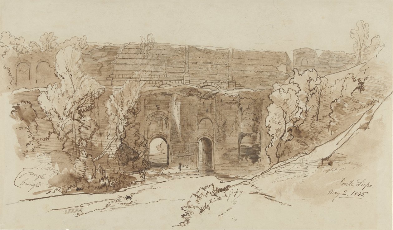 Gezicht op de Ponte Lupo (bij Tivoli) door Edward Lear