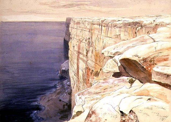 De rotsen bij Garf Hasan, Malta door Edward Lear