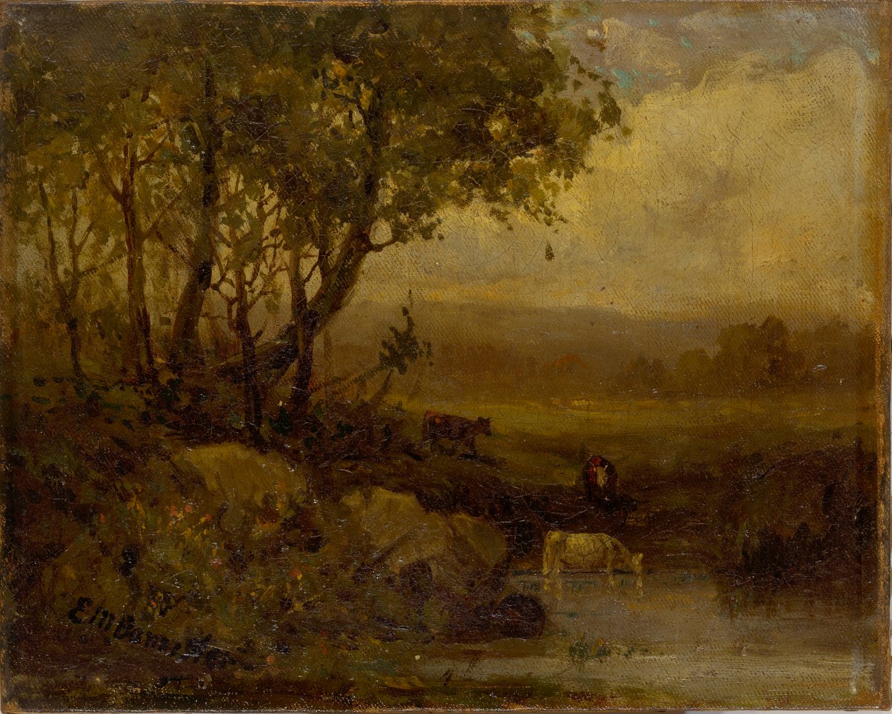 Zonder titel (landschap, rivieroever, drie koeien) door Edward Mitchell Bannister
