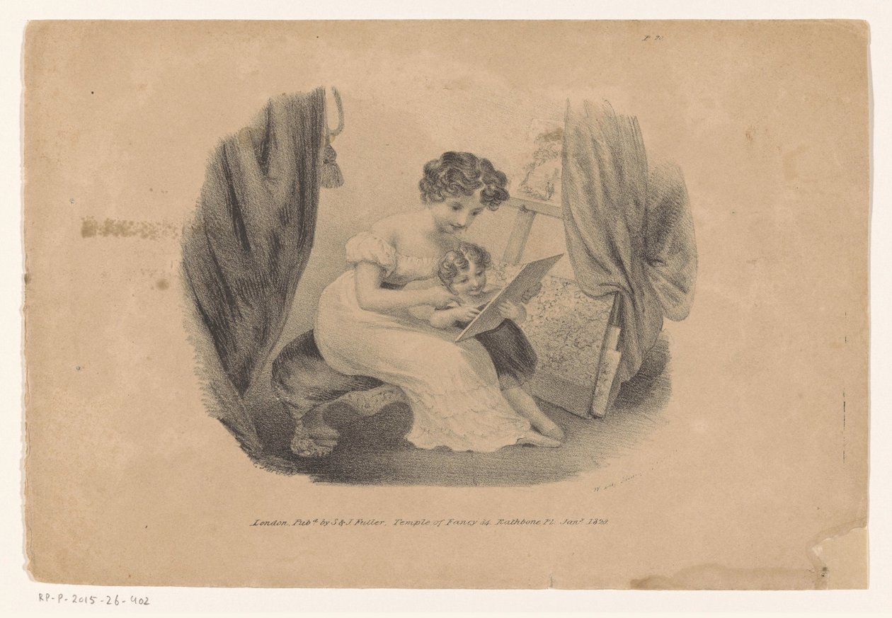 Vrouw en kind bekijken een prent door Edward Purcell
