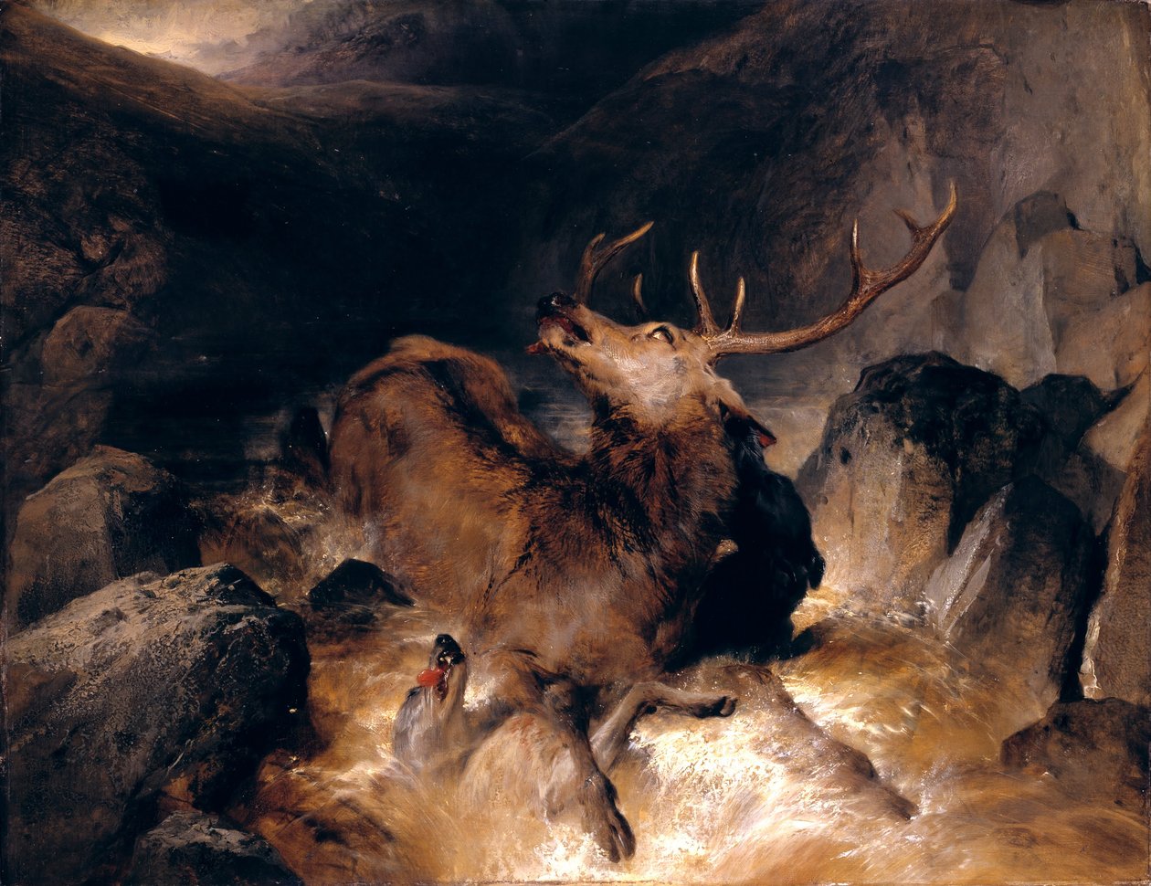 Herten en hertenjagers in een bergstroom door Edwin Landseer