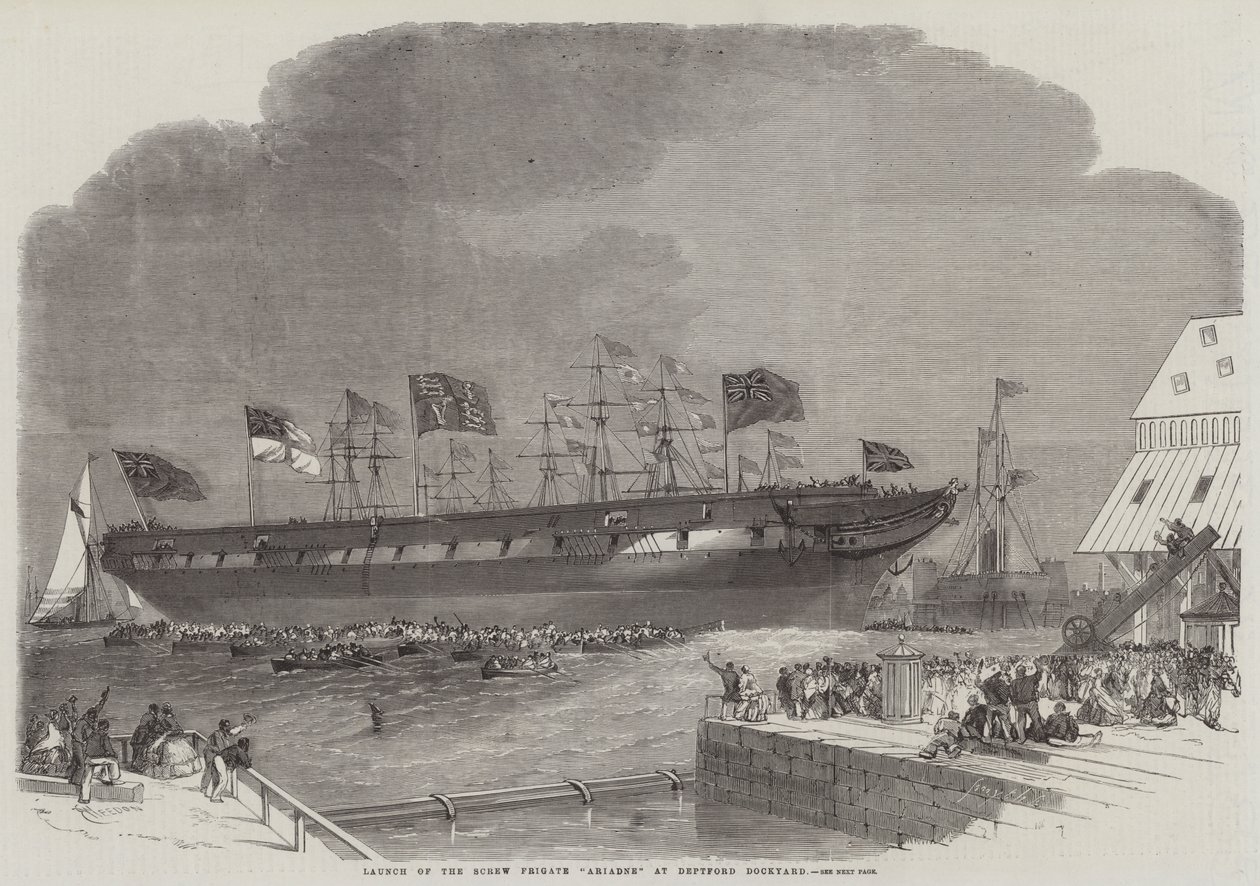 Te water laten van de schroef fregat Ariadne in Deptford Dockyard door Edwin Weedon