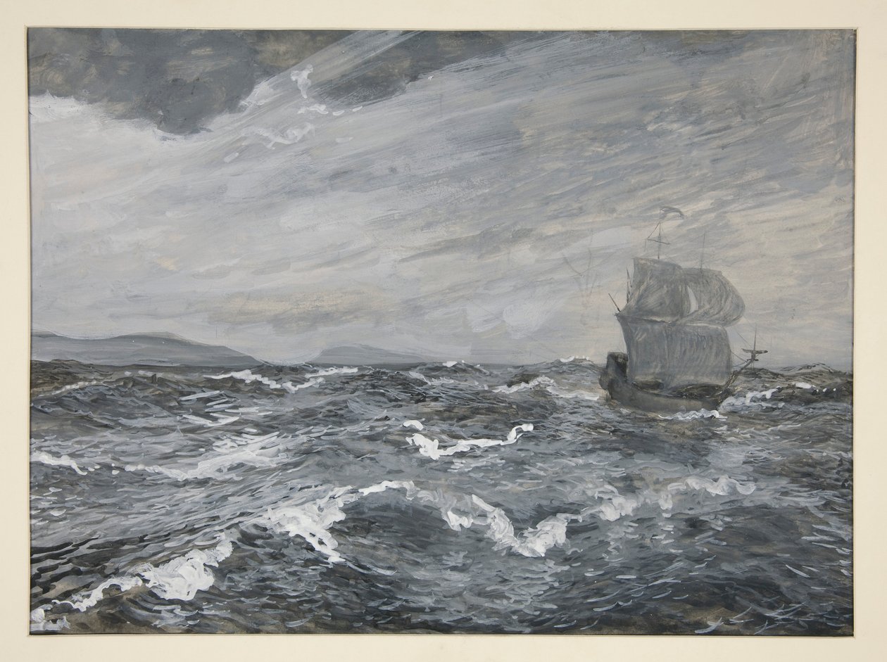 Zeegezicht met zeilboot door Edwin Austin Abbey