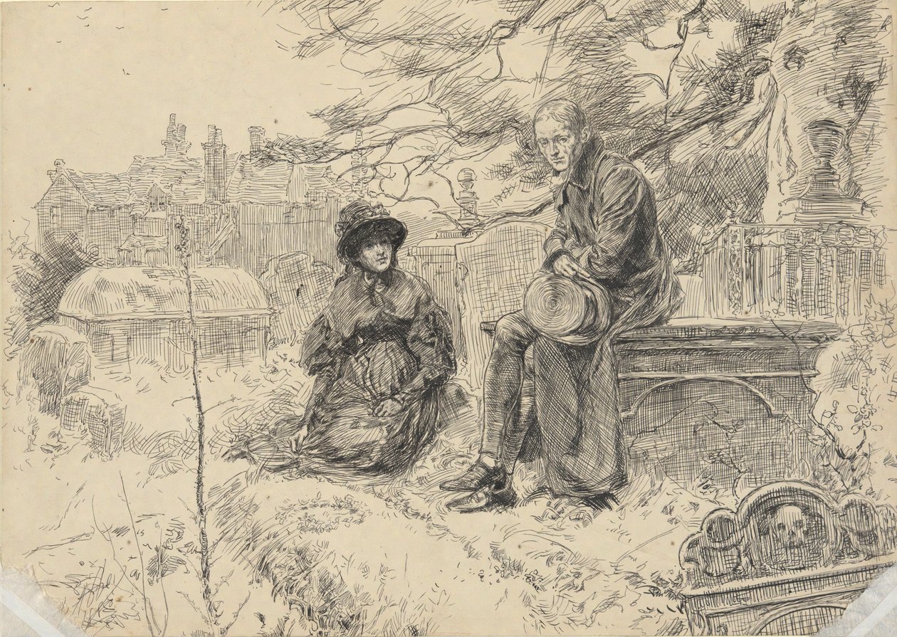 Twee figuren op een kerkhof door Edwin Austin Abbey