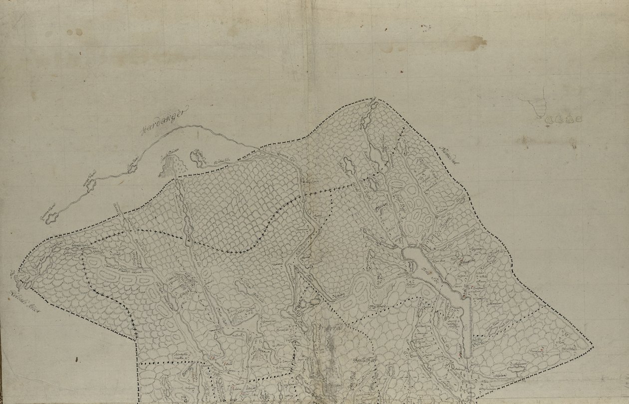 Kaart uitgegeven in handgetekend (ca 1780) en toont Telemark door Eenvold Steenbloch