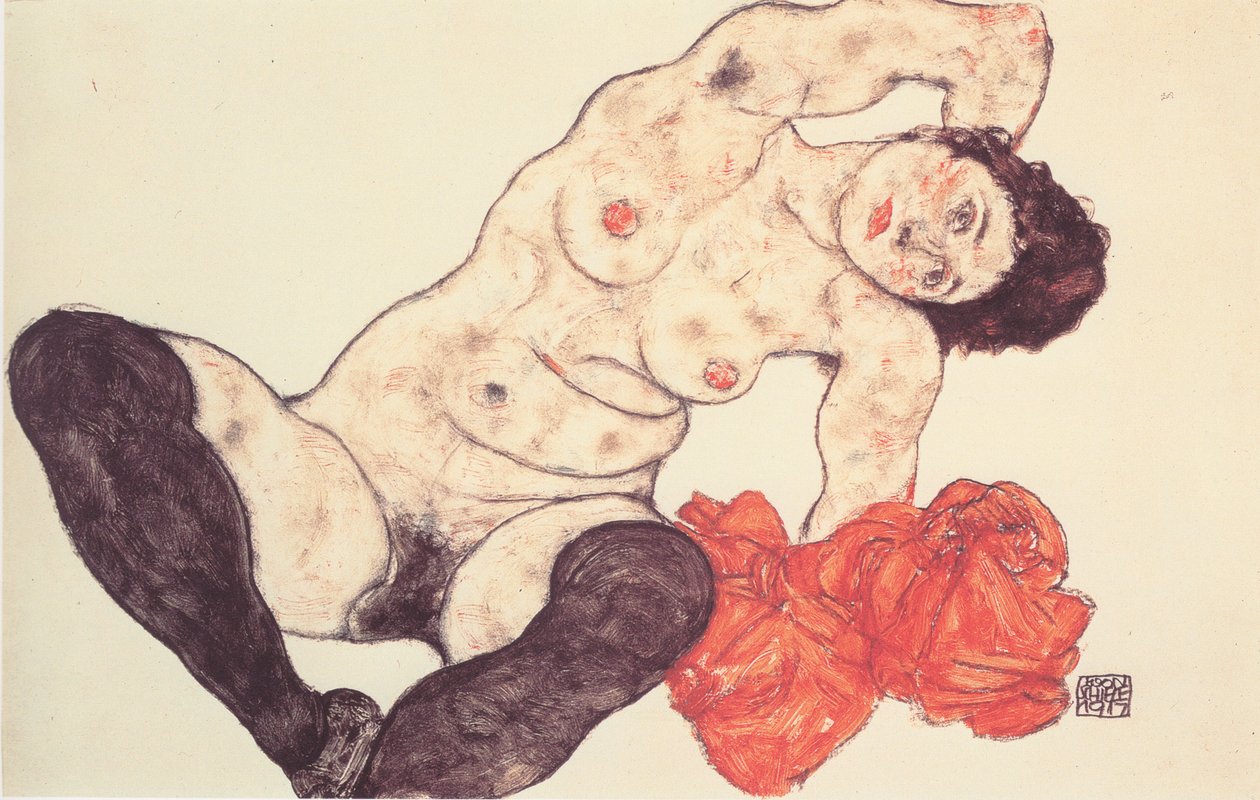 Vrouwelijk naakt met gele handdoek door Egon Schiele