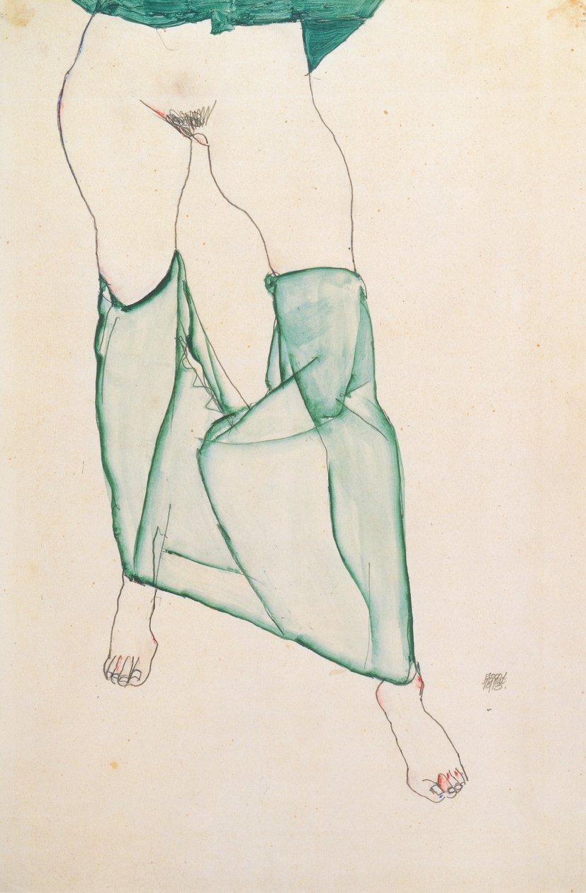 Vrouwelijke torso met groene draperie door Egon Schiele