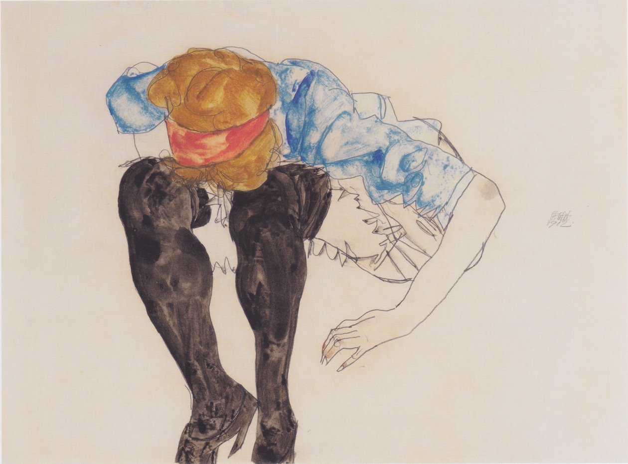 Blonde, voorovergebogen met zwarte kousen door Egon Schiele