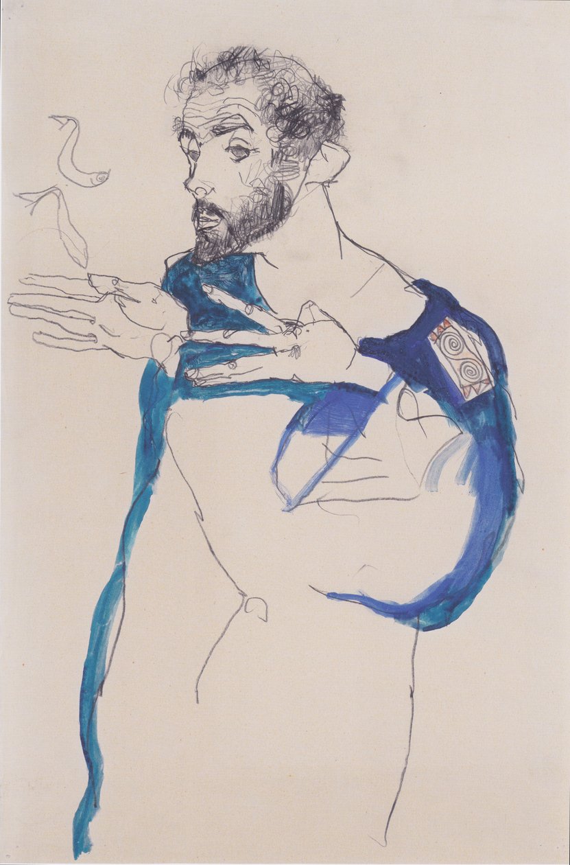 Gustav Klimt in blauwe schildersjas door Egon Schiele