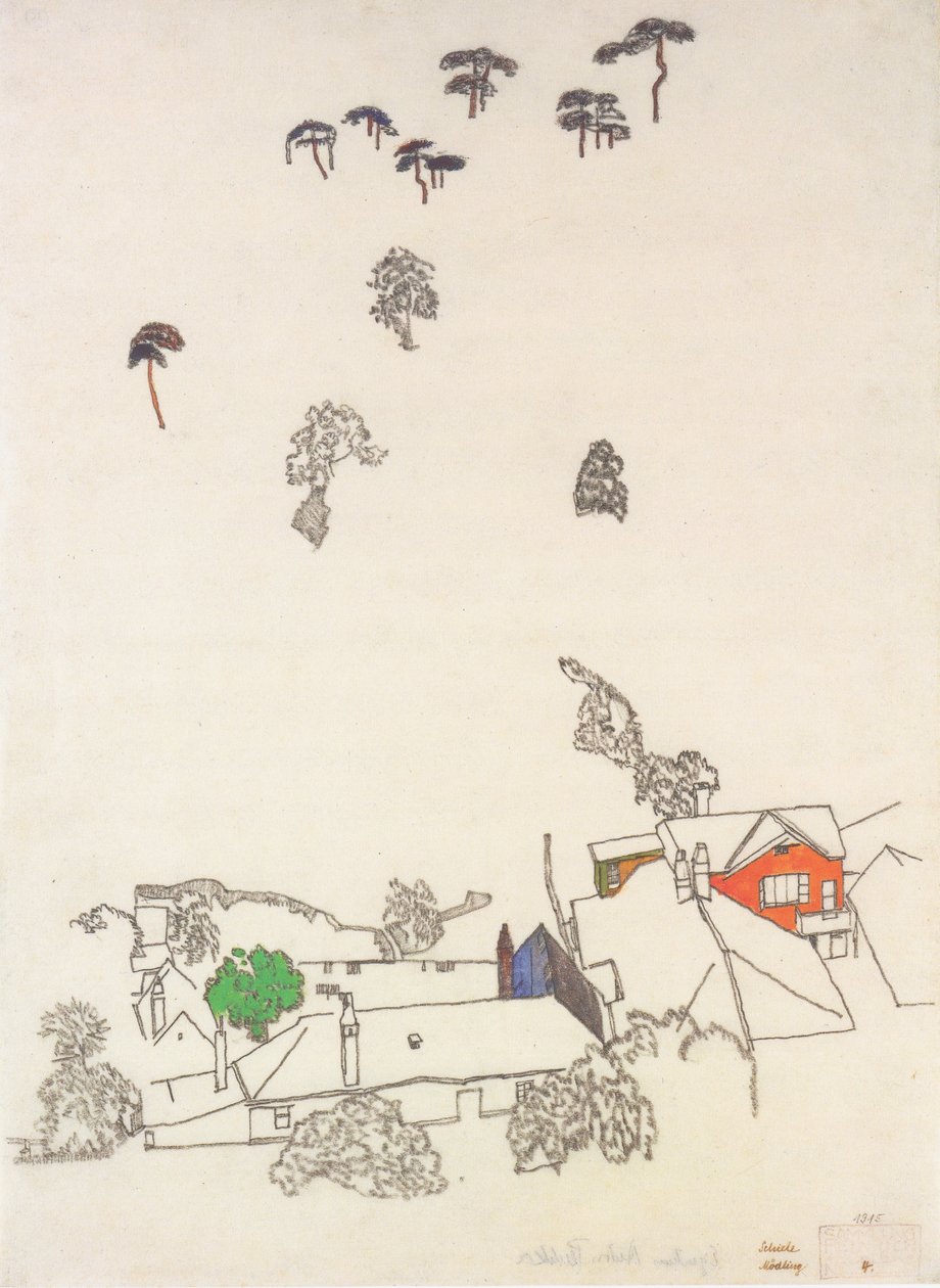Huizen en dennen bij Mödling door Egon Schiele