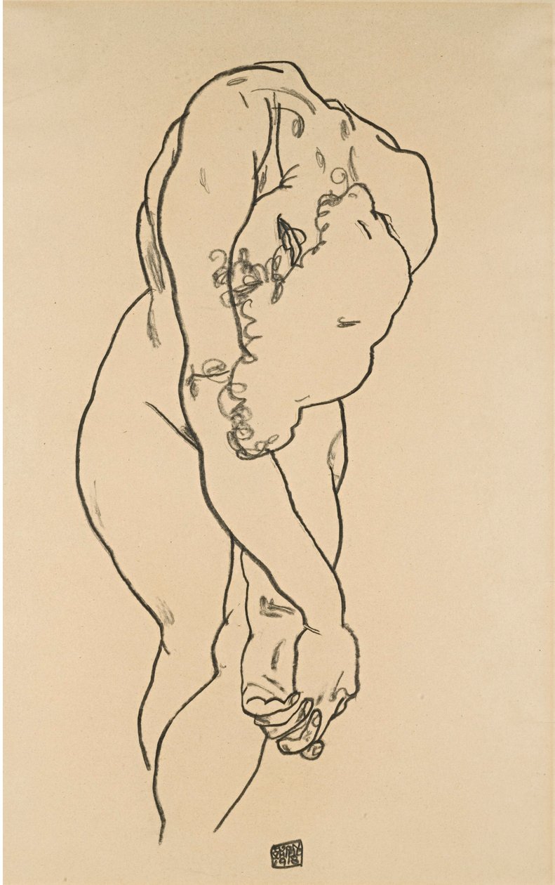 Hurkend naakt met gebogen hoofd door Egon Schiele