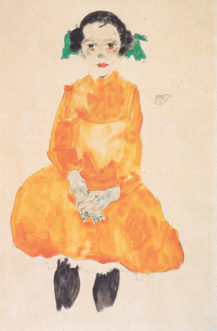Meisje in okergele jurk door Egon Schiele
