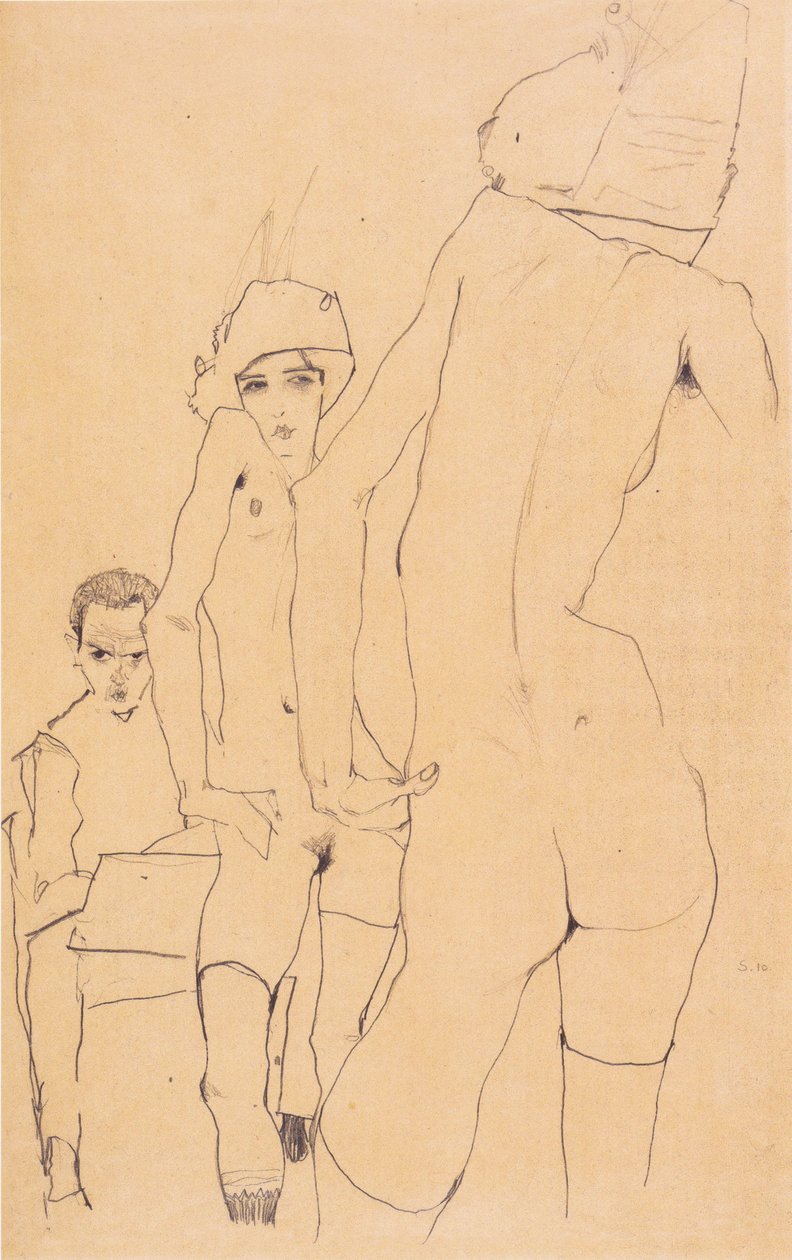 Schiele met naaktmodel voor de spiegel door Egon Schiele