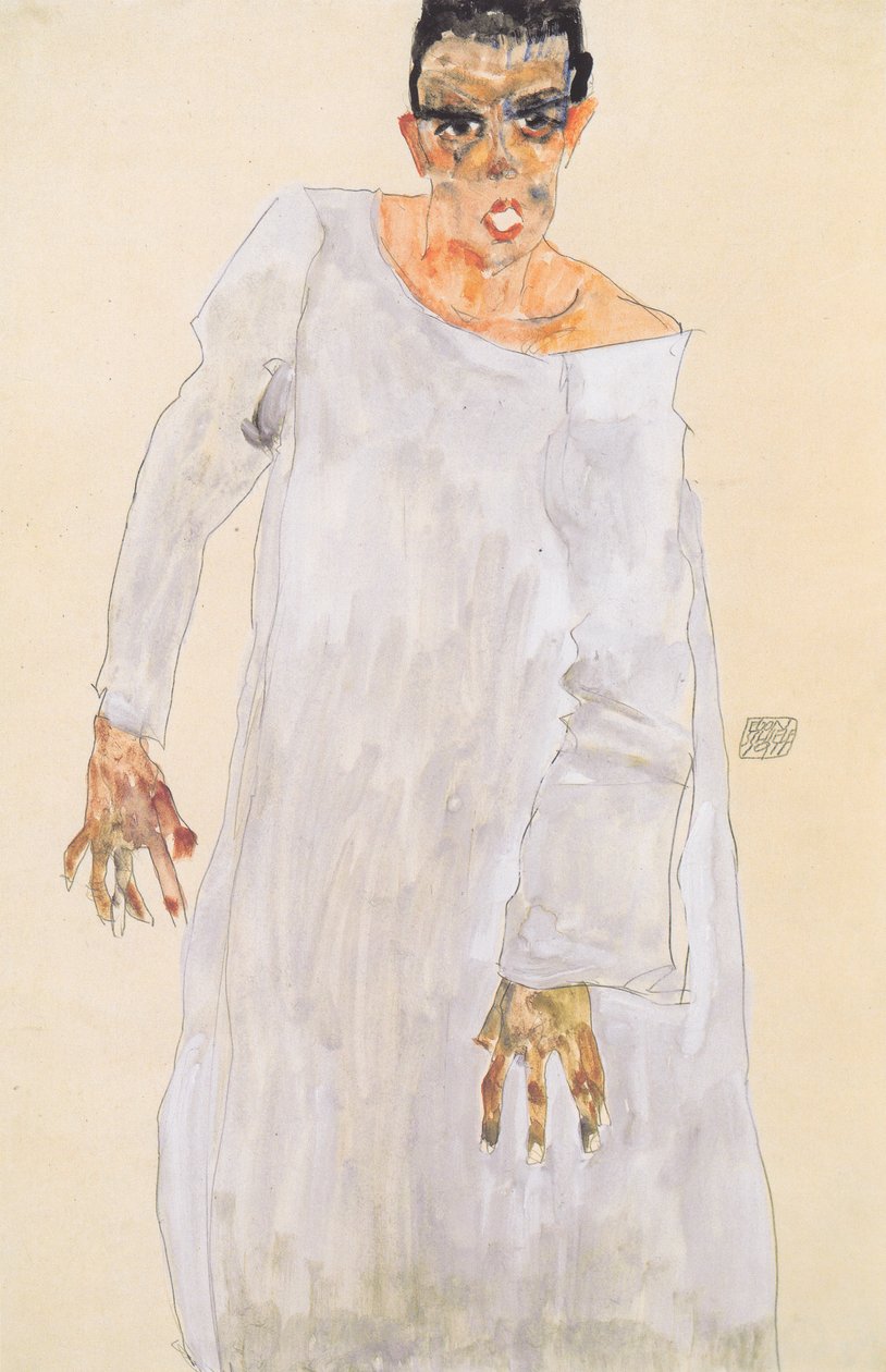 Zelfportret in witte gewaad door Egon Schiele