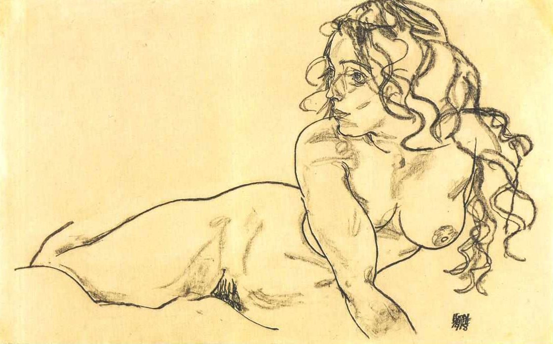 Steunend vrouwelijk naakt met lang haar door Egon Schiele