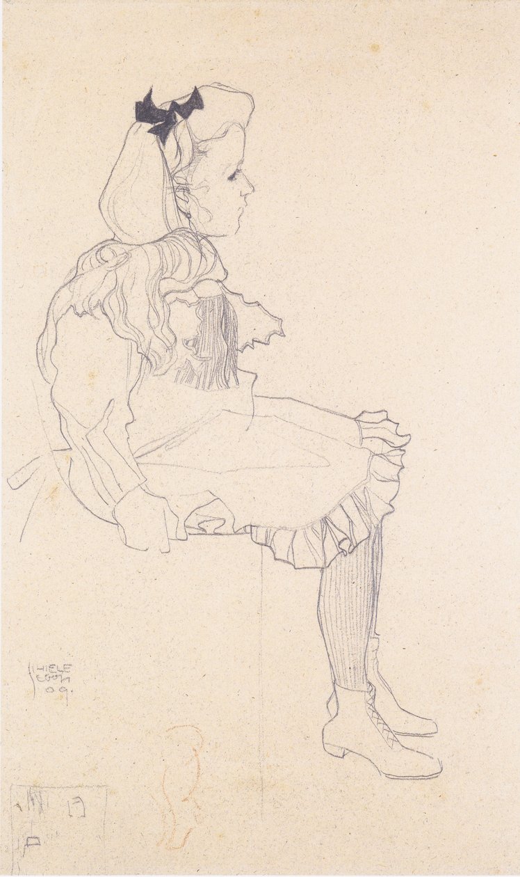 Zittend meisje met haarstrik door Egon Schiele