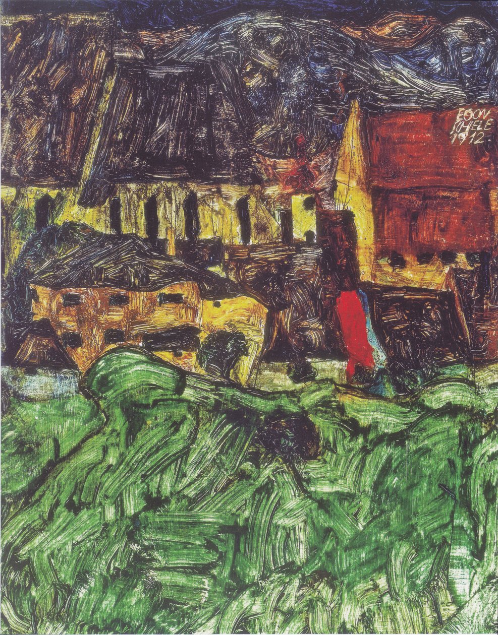 Stadsbeeld van Krumau (St Veit-Kerk met huizen) door Egon Schiele