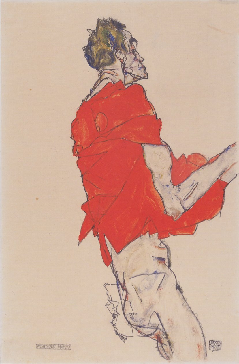 Staande man (zelfportret in rode hemd) door Egon Schiele