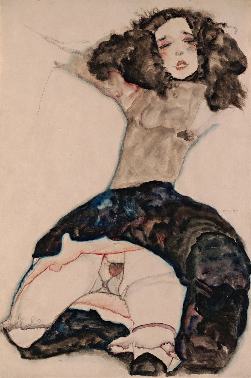 Zwart-Harig Meisje met Opgetrokken Rok door Egon Schiele