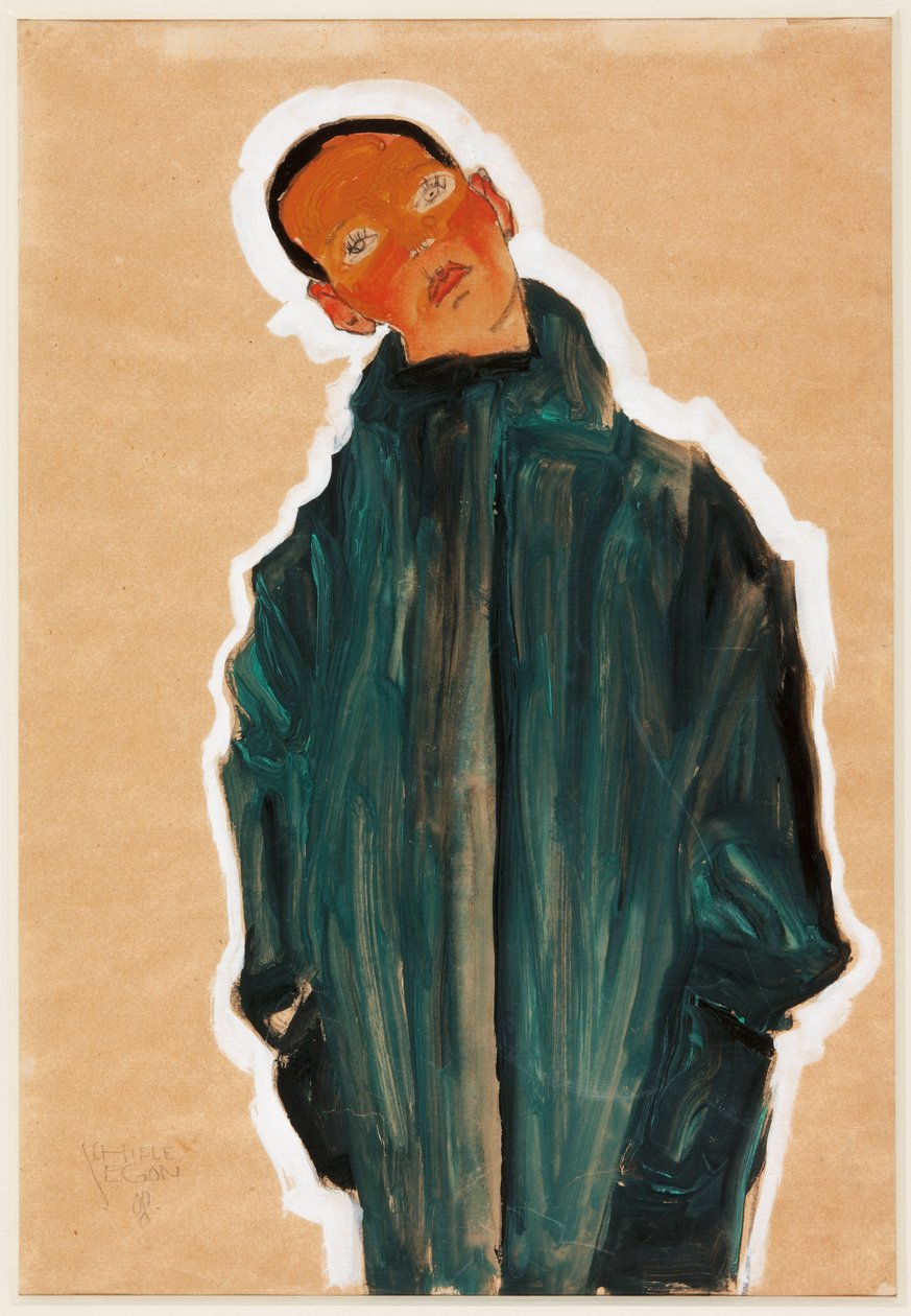 Jongen in groene jas, 1910 door Egon Schiele
