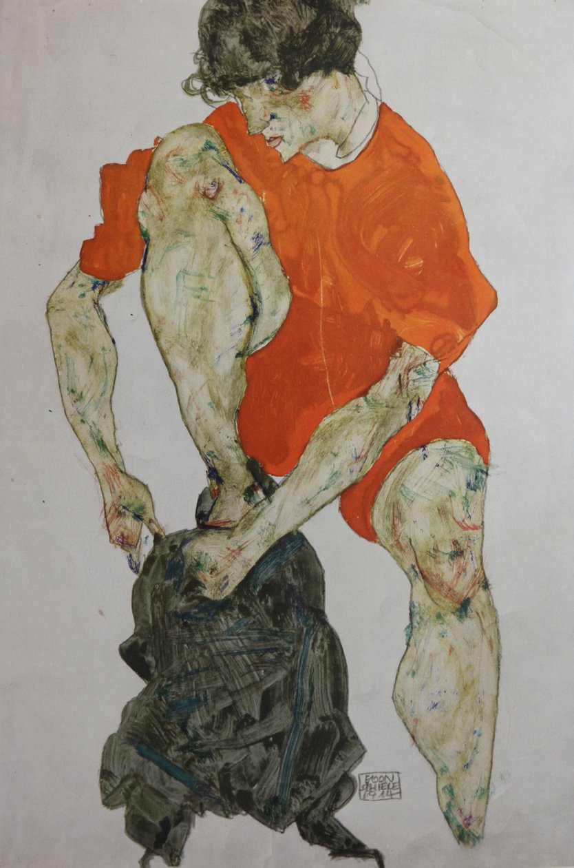 Vrouwelijk model in een rode mantel, 1914 door Egon Schiele