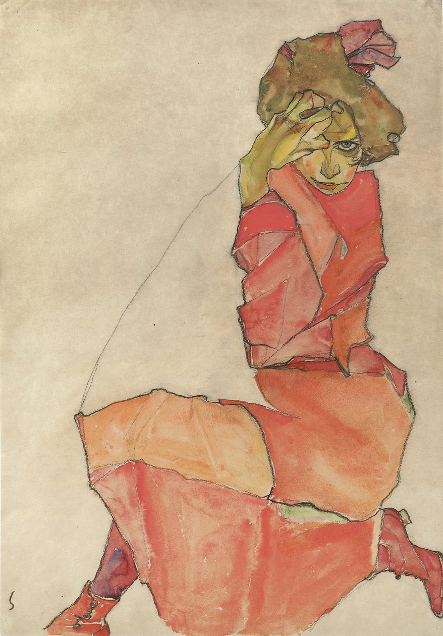 Knielende Vrouw in Oranje-Rode Jurk door Egon Schiele