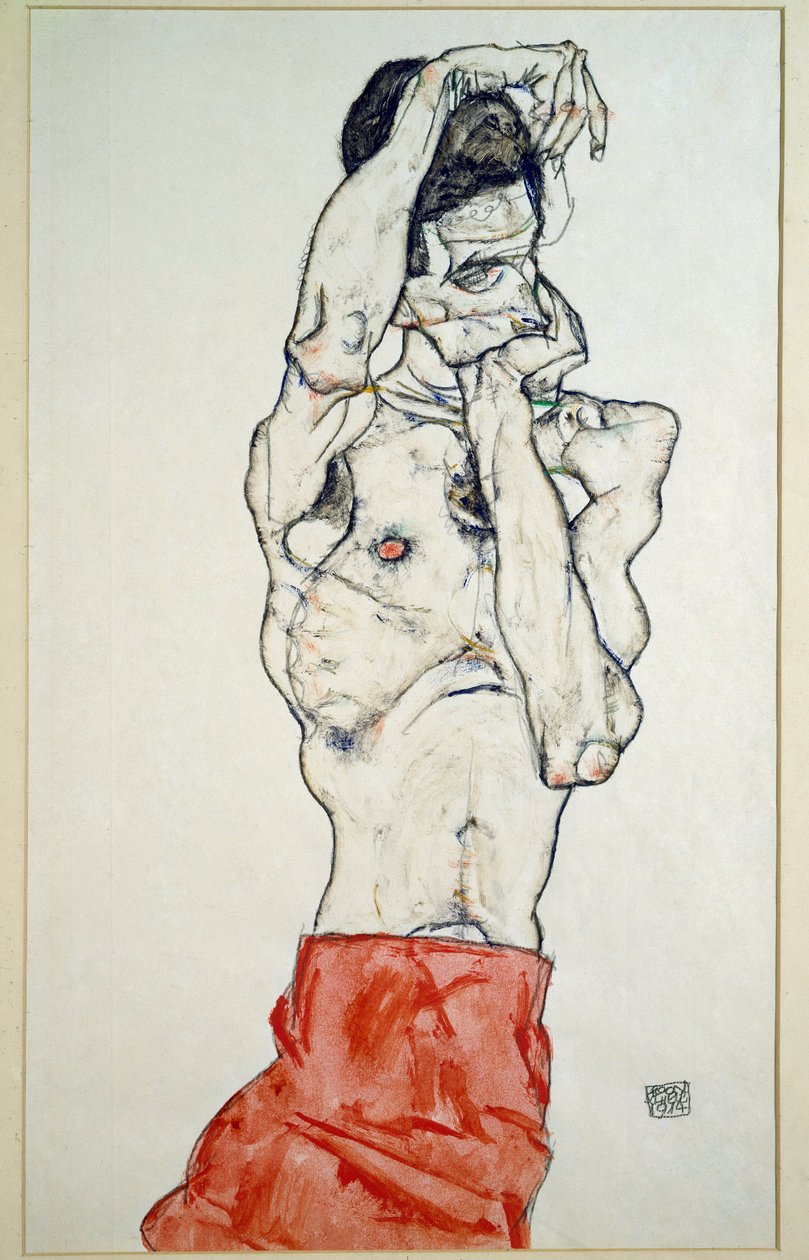 Mannelijk naakt met rood laken door Egon Schiele