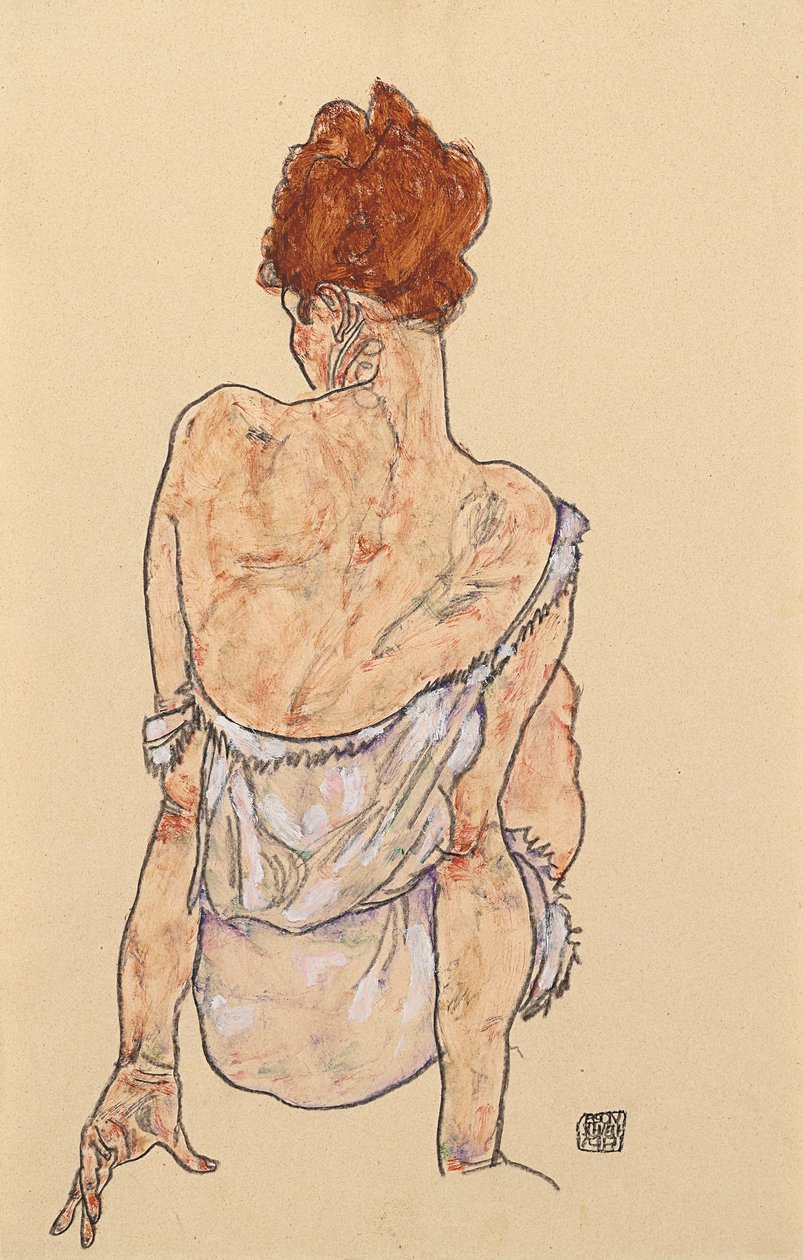 Zittende Vrouw in Ondergoed, Achteraanzicht door Egon Schiele