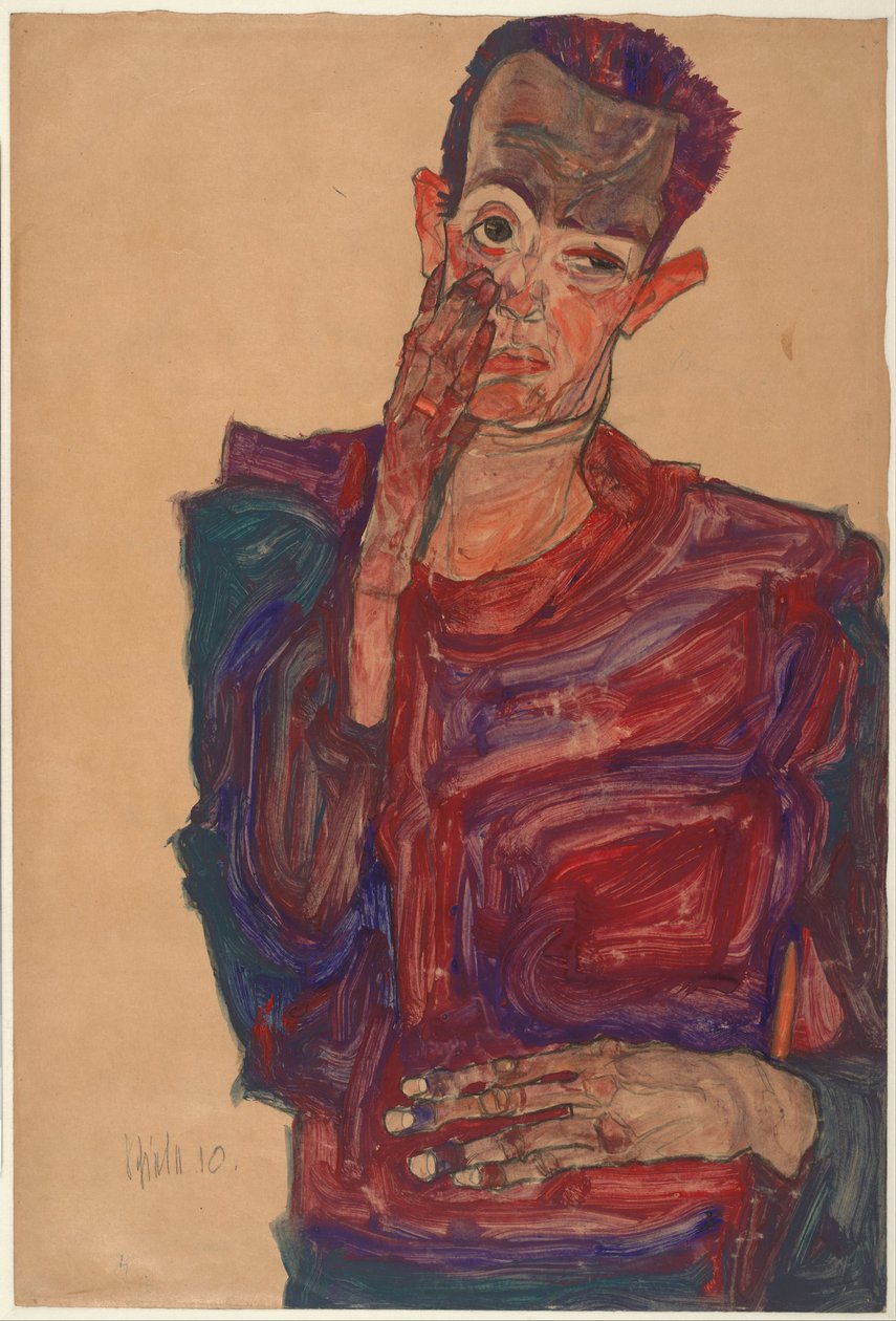 Zelfportret met naar beneden getrokken ooglid door Egon Schiele