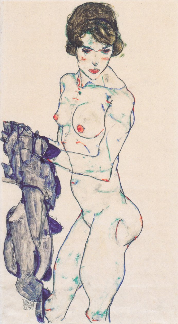 Staande vrouwelijke naakt met blauwe doek door Egon Schiele