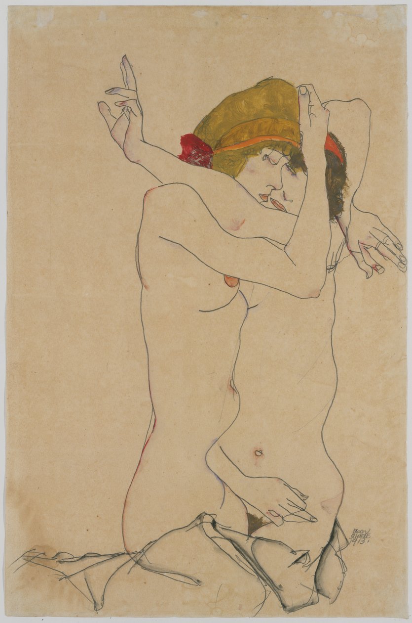 Twee vrouwen omhelzen elkaar, 1913 door Egon Schiele