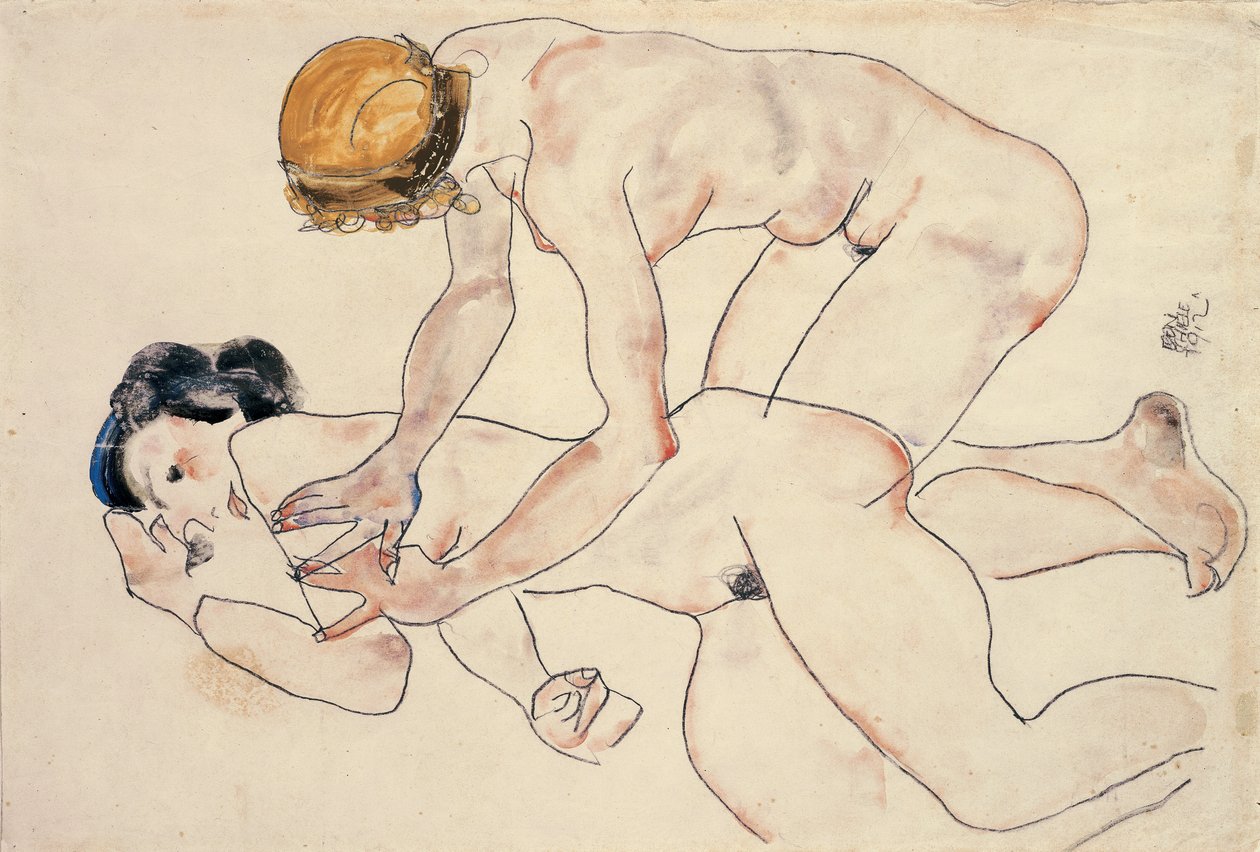 Twee vrouwelijke naakten, liggend en knielend door Egon Schiele