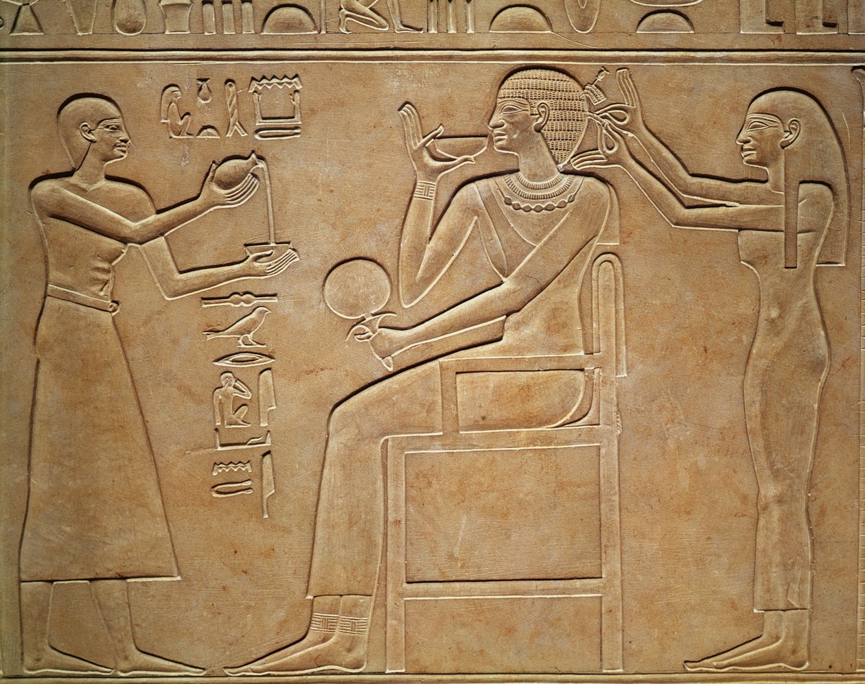 Koningin Kawit bij haar toilet, uit de sarcofaag van Koningin Kawit, gevonden in Deir el-Bahri, Middenrijk, ca. 2061-2010 v.Chr. door Egyptian 11th Dynasty