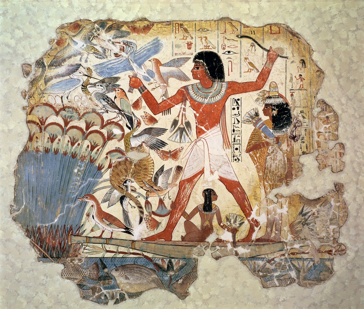 Nebamun op jacht in de moerassen met zijn vrouw en dochter, deel van een muurschildering uit de grafkapel van Nebamun, Thebe, Nieuwe Rijk door Egyptian 18th Dynasty