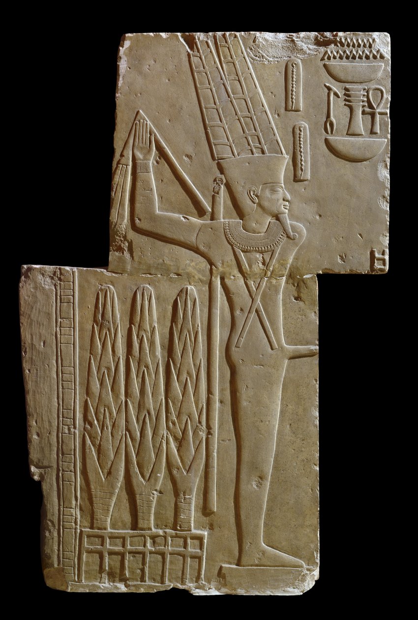 Reliëf van de god Min (kalksteen) door Egyptian